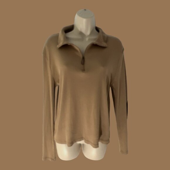 Lauren Ralph Lauren Ribbed Tan Pullover Top Brown Elbow Patches Zipper Collar L - Picture 1 of 7